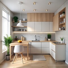 A bright and modern kitchen with white cabinets wooden accents and a dining area