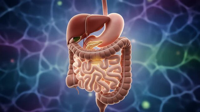 Detailed Anatomical Illustration Of Human Digestive System Against Abstract Cellular Background