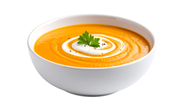 A vibrant orange creamy soup in a white bowl, elegantly garnished with a cream swirl and fresh parsley.