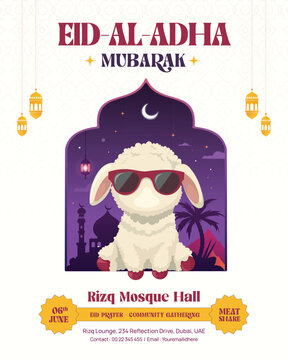 Eid Al-Adha Mubarak Instagram Post Design with Funny Sheep in Sunglasses and Mosque