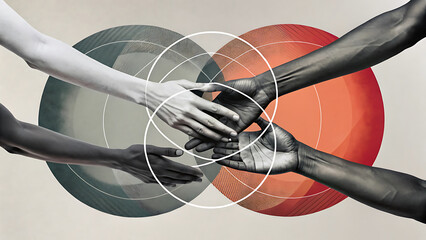 Black And White Hands Holding Intersecting Circles For Collaboration Unity Art  