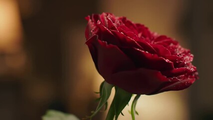 Close-up of a vibrant red rose with water droplets - Powered by Adobe