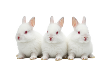 Three identical tiny baby rabbits with transparent ultra-fluffy fur, pink noses, bright innocent eyes, and detailed whiskers, sitting calmly on a seamless transparent studio background, isolated,