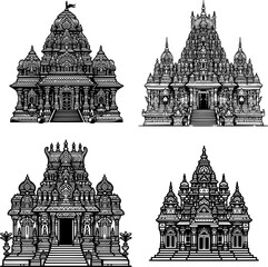 set of four black and white flat vector of a hindu temple (mandir) with towered design and traditional ornate outline.
