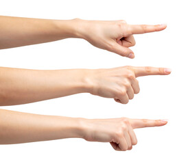 Three hands are aligned, each with a finger pointing towards the right, indicating direction or choice.