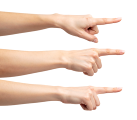 Three hands are aligned, each with a finger pointing towards the right, indicating direction or choice.