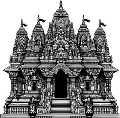 black and white flat vector of a hindu temple (mandir) with towered design and traditional ornate outline.