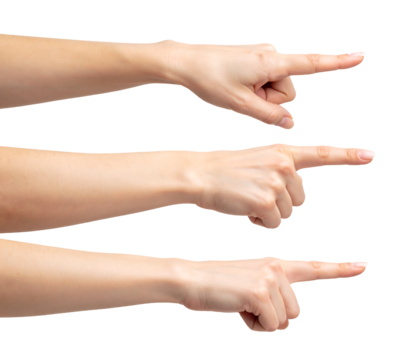 Three hands are aligned, each with a finger pointing towards the right, indicating direction or choice.