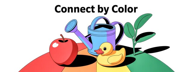A colorful image of a duck, a watering can, and an apple. The image is titled "Connect by Color"