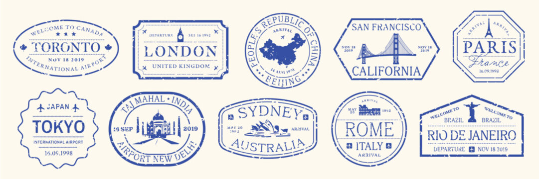 Stamp collection with various shapes: circles, squares, triangles. Vibrant stamp designs for creative projects. Colorful stamps, element vector set