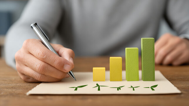 Growth renewable energy transition policy is shown by hand drawing bar graph with wind turbines paper, symbolizing progress and sustainability