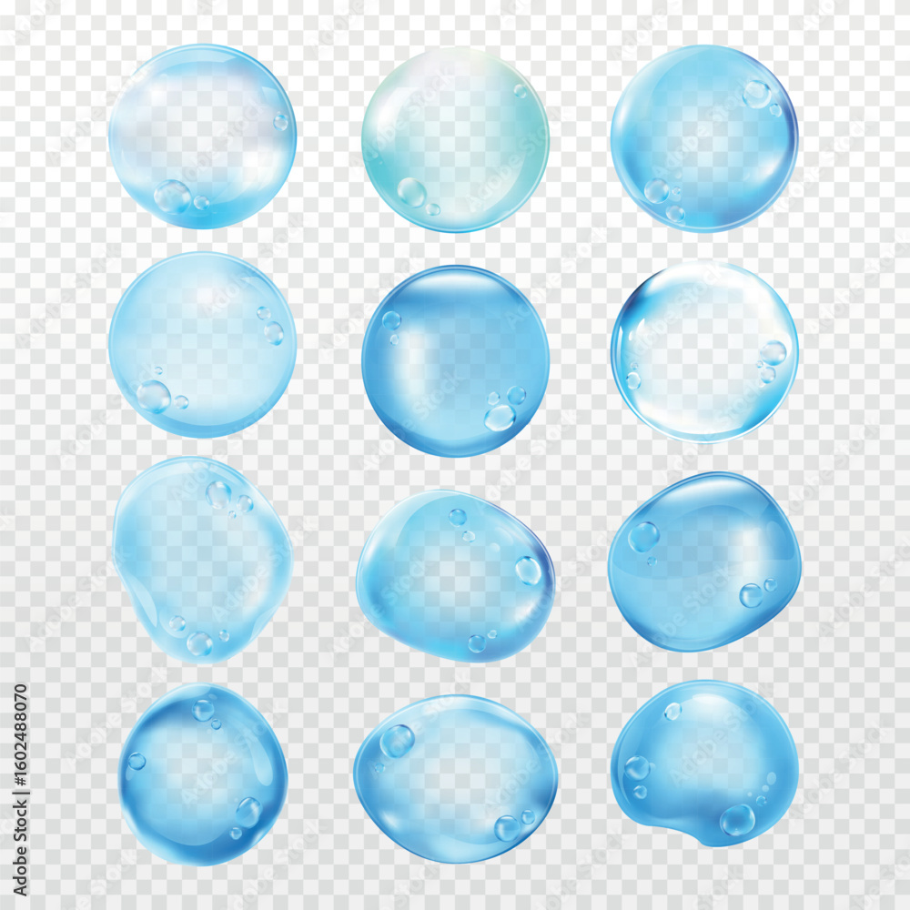 Poster illustration of blue bubbles. multiple blue bubbles float on a light background. the bubbles are shi