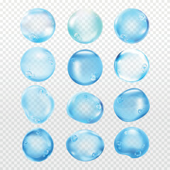 Illustration of blue bubbles. Multiple blue bubbles float on a light background. The bubbles are shiny and translucent. Blue bubbles in various sizes. Soap bubble element vector set.