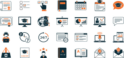 Online Education Vector Icon Set Adjustable Line Weight eLearning, webinar, certification, online course, training, virtual classroom, study, graduation, language learning