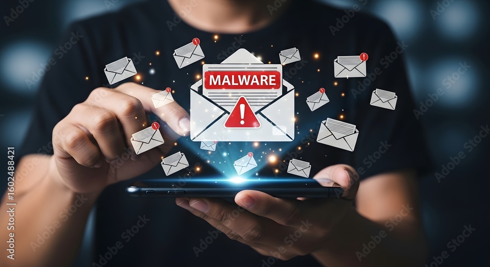 Poster protect your data from cyber threats with this alert of a malware email on your phone, modern securi