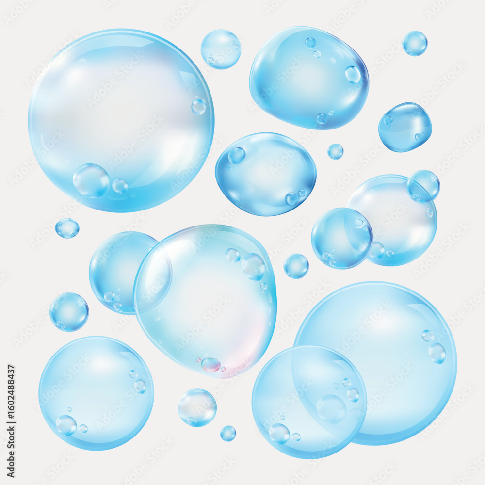Poster illustration of blue bubbles. multiple blue bubbles float on a light background. the bubbles are shi