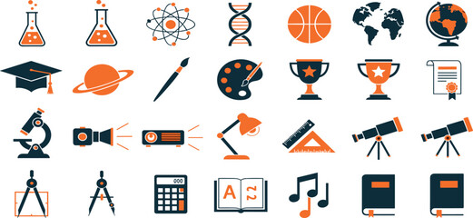 School Vector Icon Set Adjustable Line Weight Chemistry, science, math, art, sports, books, award, globe, education, learning, microscope, astronomy, projector