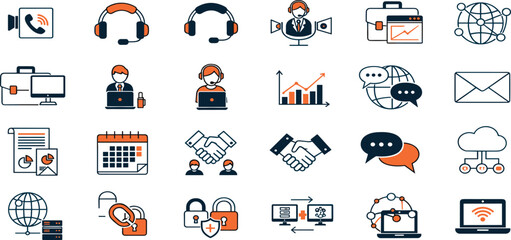 Remote Work Vector Icon Set Adjustable Line Weight Telecommuting, webinar, virtual meeting, online collaboration, networking, productivity, video conference, cloud storage
