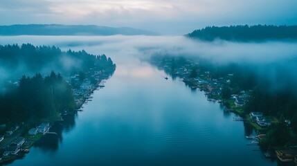 Misty Morning Over Canal with Homes