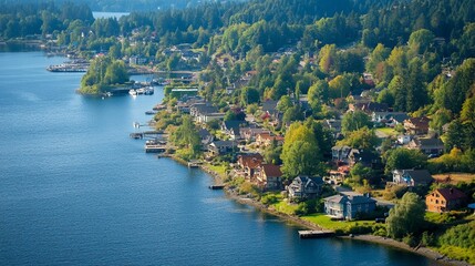 Lakefront homes, aerial view, waterfront community, lush forest backdrop