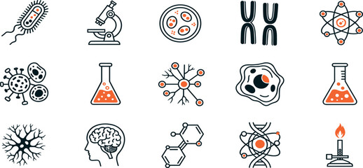 Science and Biology Vector Icon Set – Bacteria, Virus, DNA, Molecules, Microscope, Test Tube, Neuron, Cells, Flask, Beaker, Germs, Atom