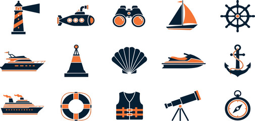 Sea Adventure Vector Icon Set Adjustable Line Weight Boat, anchor, lighthouse, diving, submarine, sailing, compass, marine, flippers, cruise, ocean