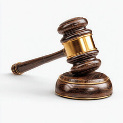 A close up shot of a wooden gavel with gold accents on a white background in a studio setting