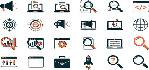 SEO Vector Icon Set Adjustable Line Weight Marketing, analytics, optimization, search, ranking, growth, keywords, rocket, traffic, coding, settings, strategy, target