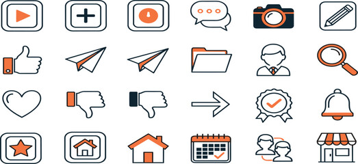  Social Media Vector Icon Set Adjustable Line Weight Like, comment, share, notification, profile, camera, verified, search, chat, followers, messaging, interaction