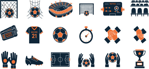 Soccer Vector Icon Set Adjustable Line Weight Ball, goal, field, match, player, team, kick, stadium, uniform, referee, trophy, shoot, coach, tactics icons