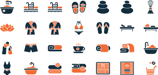 Spa Vector Icon Set Adjustable Line Weight Wellness, sauna, massage, hot tub, aromatherapy, steam, towel, robe, relaxation, flip flops, beauty