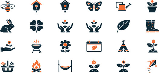 Spring Season Vector Icon Set Adjustable Line Weight Flower, plant, gardening, nature, picnic, bee, butterfly, bunny, leaf, clover, growth, camp