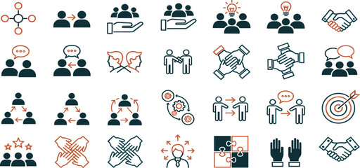 Teamwork Vector Icon Set Adjustable Line Weight Collaboration, support, communication, unity, connection, brainstorming, handshake, discussion, partnership, leadership, trust