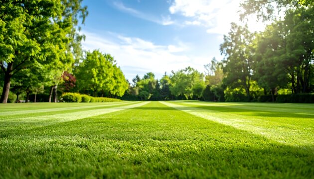Lush green lawn stretches into a vibrant park