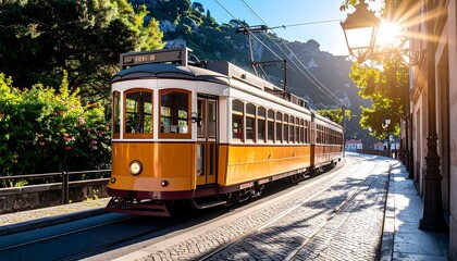 Vintage Yellow Streetcar Traveling on Cobblestone Street in City