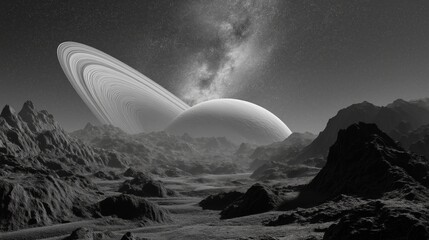 Distant Planet Landscape with Ringed Gas Giant and Starry Sky in Monochrome Style