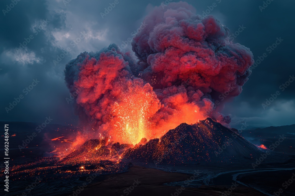 Poster explosive volcano erupts, sending lava and ash into the dark sky. use this image to illustrate power