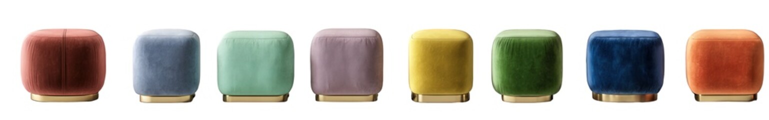 Eight colorful luxurious velvet ottomans each featuring an elegant gold base neatly arranged