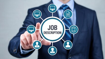 Man in suit points to job description infographic connecting people, computers, and global network