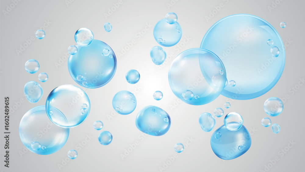 Poster illustration of blue bubbles. multiple blue bubbles float on a light background. the bubbles are shi