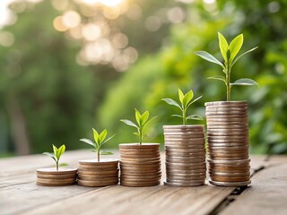 Growing plants on stacks of coins symbolizing financial growth and investment