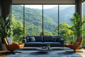 Blue leather sofa and lounge chair near large windows with a forest view, showcasing a mid-century minimalist style. 3D rendering, Generative AI