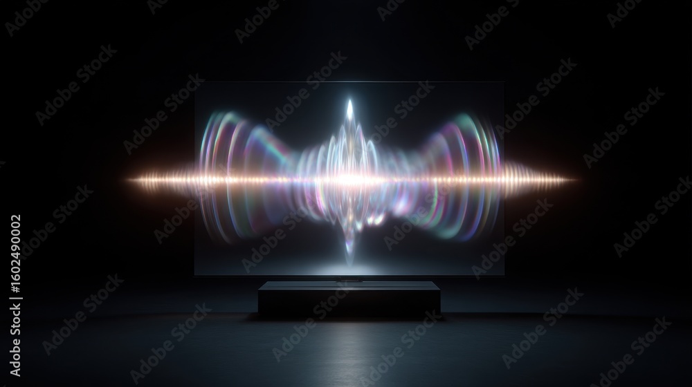 Poster futuristic smart screen displaying dynamic audio sound waves visualization
