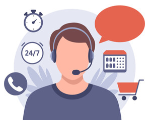 Customer Service Operator Using Headset for Assistance with Phone and Calendar Icons