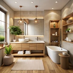 Fototapeta premium A modern and luxurious bathroom interior with a freestanding bathtub and wooden vanity