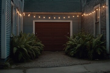 Dusk scene of a residential garage with string lights