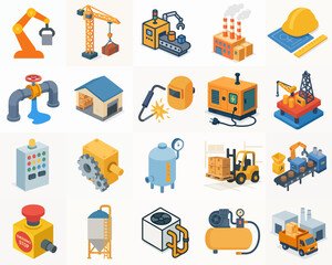 Isometric Detailed Construction Factory Industry Machines Element Icon Set