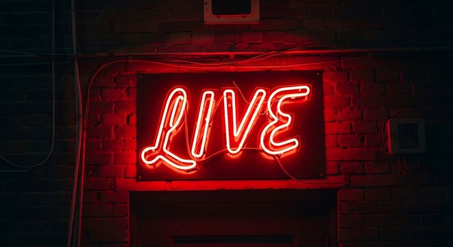 A vibrant red neon sign spelling "LIVE" glows against a dark brick wall, illuminated by its own light.