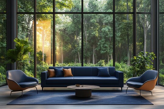 Blue leather sofa and lounge chair near large windows with a forest view, showcasing a mid-century minimalist style. 3D rendering, Generative AI - Powered by Adobe