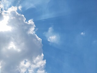 Dramatic clear blue sky view with sun shining behind. Copy space 